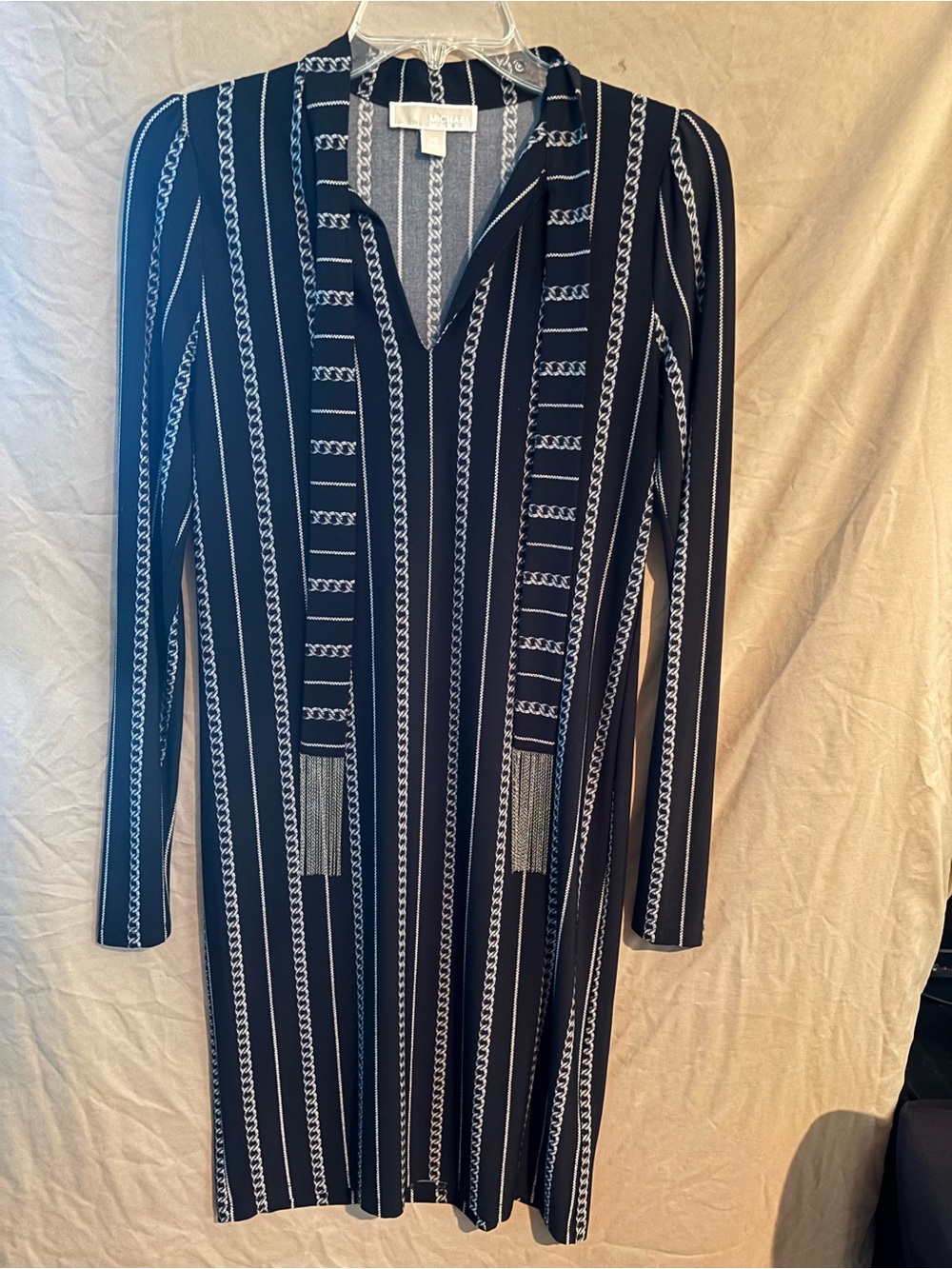Michael Kors Black and White Long Sleeve Striped V-Neck Dress